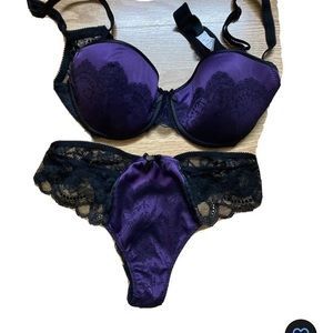 Chantelle Thong Size Small And Bras Size 32D Color Purple And Black - New
